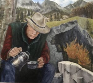 First Coffee(Acrylic on canvas, 16” x 20”)